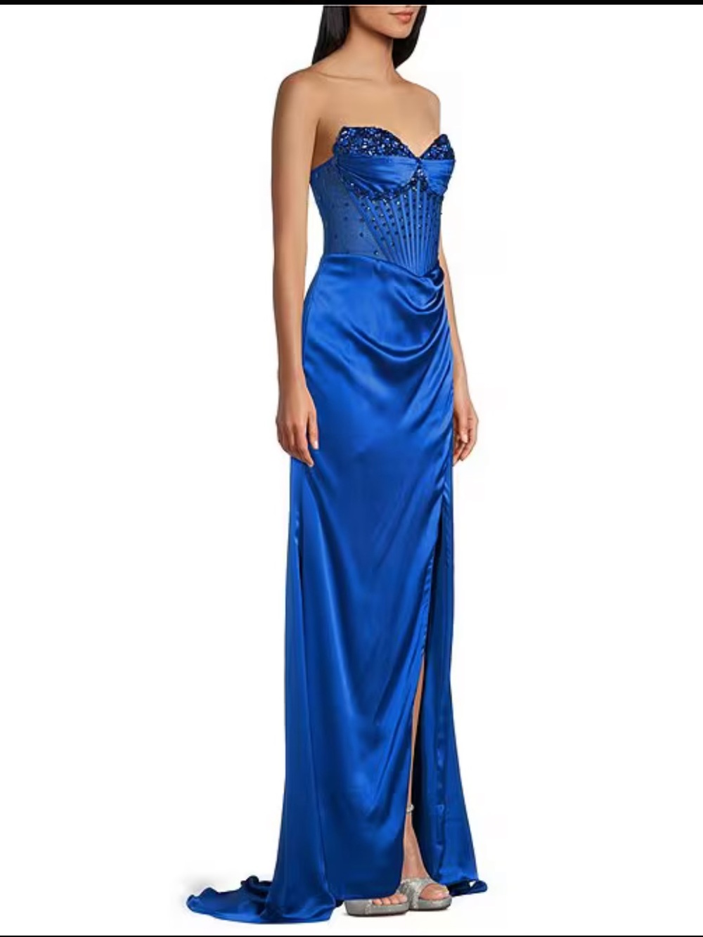 Social Strapless Sweetheart Beaded Rhinestone Corset Long Dress - Picture 4 of 8